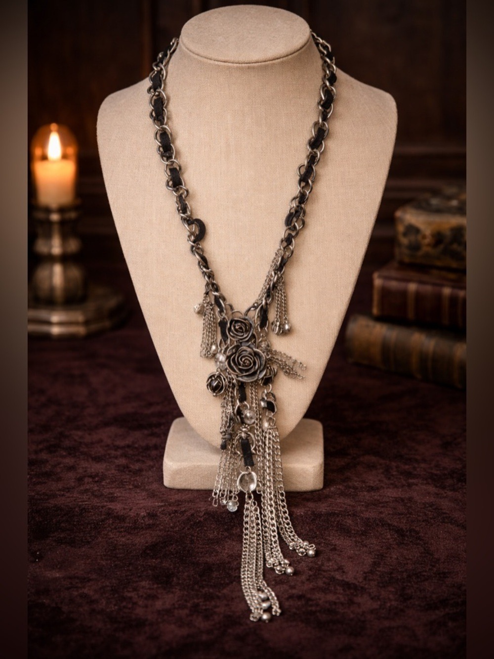 Victorian Gothic Roses & Chains Long Statement Necklace • Suede Woven Links 44”